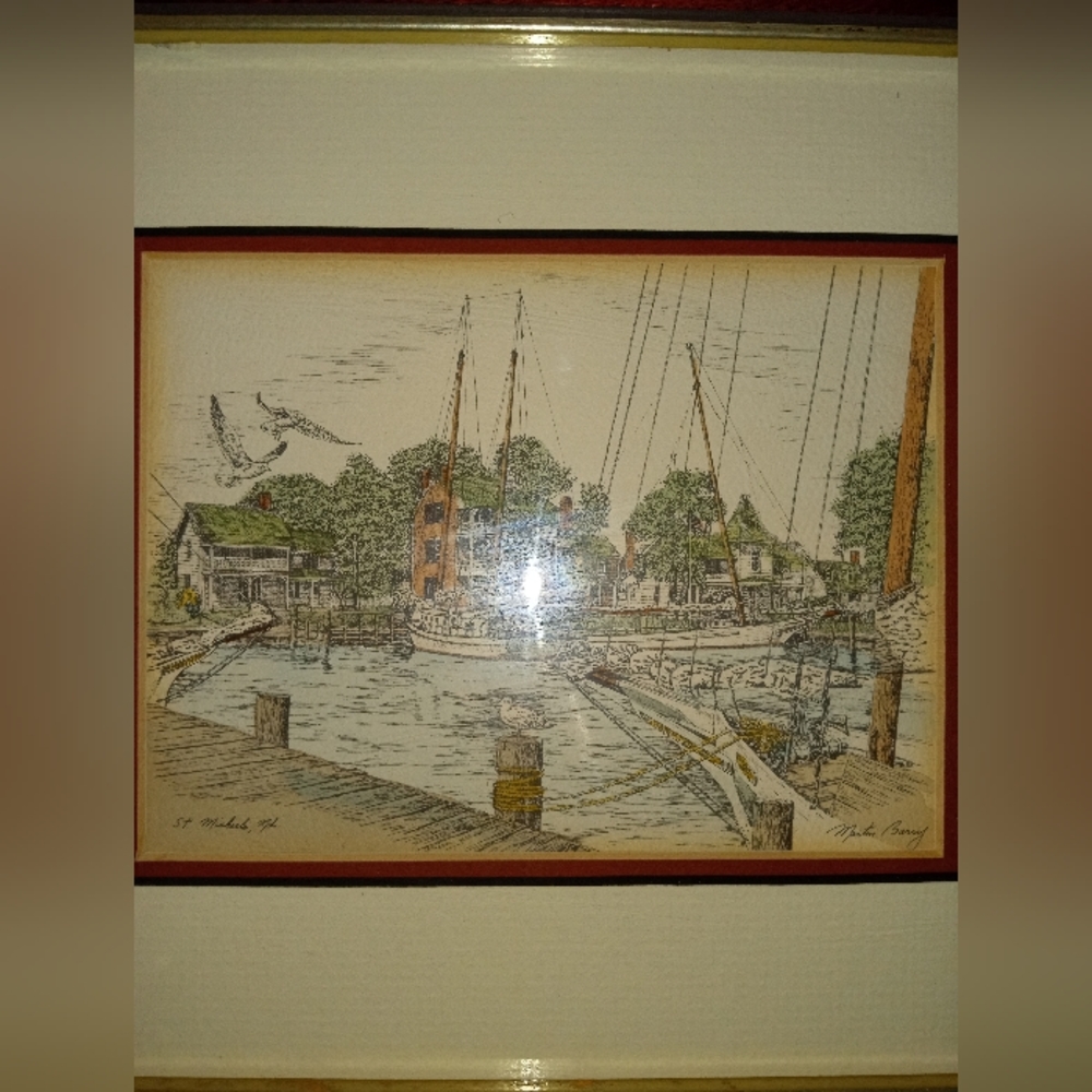 Martin Barry St. Michaels Harbor Lithograph and Mirror